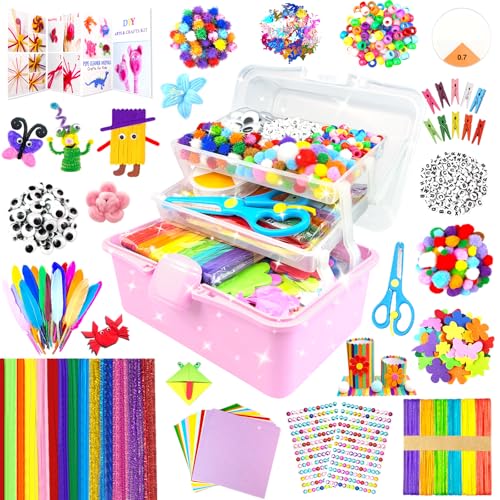 3000 Bastelset Kinder Basteln Bastelkoffer mit Pfeifenreiniger Bastelsets für Kinder im Alter von 4-6, 6-8, 8-12 DIY Schulbedarf Material Bastelbox Set Spielzeug Geschenke für Mädchen Jungen, Rosa