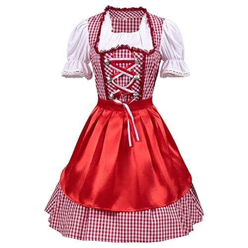 Damen Dirndl Midi Trachtenkleid 2 Teilig Dirndlkleid Trachten Kleid + Dirndlbluse Rot Kariert Dirndel Trachtenmode Dirndelkleider Dirndl & Dirndl-Sets für Damen Mädchen Oktoberfest