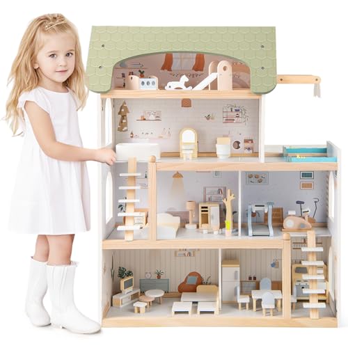 COSTWAY Puppenhaus Holz, Kinder Dollhouse mit 33 Möbelstücken, Puppenstube mit Balkon & Pool, Puppenvilla Traumvilla für Mädchen & Jungen ab 2 Jahren