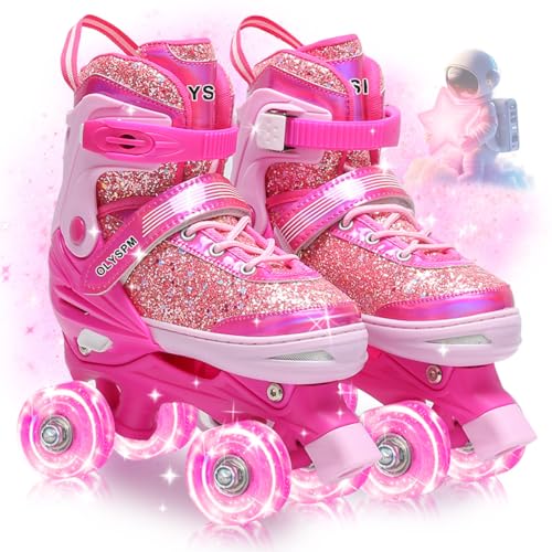 OLYSPM Rollschuhe Kinder Mädchen,4 Verstellbare Größen mit fluoreszierendem Oberteil,Rollschuhe mit Leuchtenden Rädern für Anfänger Weihnachts und Geburtstags Geschenke(Rosa)