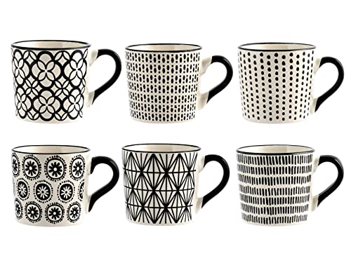 H&H Vhera 6er-Set Teetassen aus Steinzeug, 220 ml – Schwarz-Weiß Dekor, Verschiedene Muster, Zeitloses Design