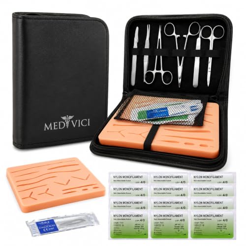 Chirurgisches Nahtset in Schwarz – Nähset Medizin für Nahttraining & Medizinstudium | Suture Practice Kit | Nahtset Übung Medizin mit 3-Schichten-Nahtpad, 12 Fäden & Premium Case | Medi Vici