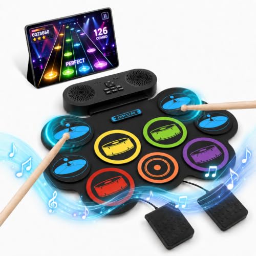 KIRJAUDU Tragbare elektronische Roll-Schlagzeug für Kinder & Erwachsene, 9 leise Pads mit Bluetooth-Lautsprecher, Einsteiger Schlagzeug Komplett-Set mit Pedalen & Schlagstöcken