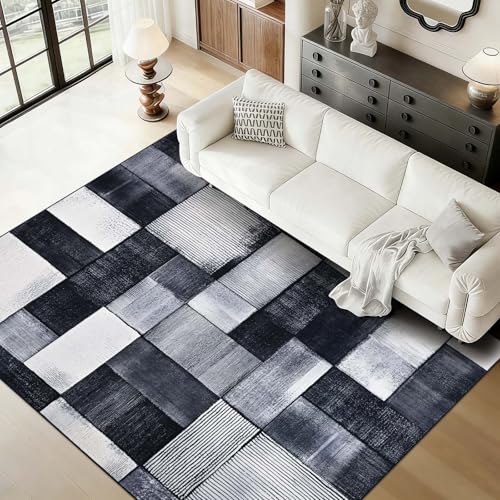 Alishomtll Teppich Wohnzimmer 160x230cm, Kurzflor Schlafzimmer Anti-Rutsch Waschbar Teppich, Moderne Geometrische Kariert Pflegeleicht Weicher Langlebig Groß Rechteckig Rugs Schwarz Grau