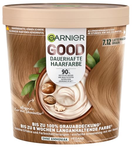 Garnier GOOD Dauerhafte Haarfarbe 7.12 Latte Macchiato Braun, permanente Coloration, ohne Ammoniak, bis zu 100% Grauabdeckung, langanhaltende Farbe, einfache Anwendung, angenehmer Duft, 1 Stk.