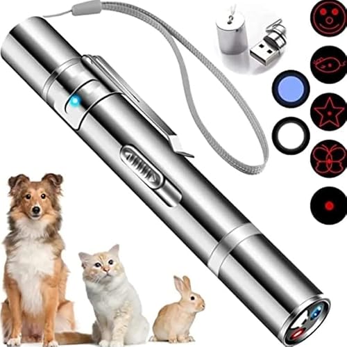 Laser LED Pointer für Katzen und Hunde, USB Wiederaufladbar Interaktives Spielzeug mit 5 Lichtmustern, Kombiniert Laser, UV-Licht und Taschenlampe, Robuster Edelstahl Stift zum Spielen und Training