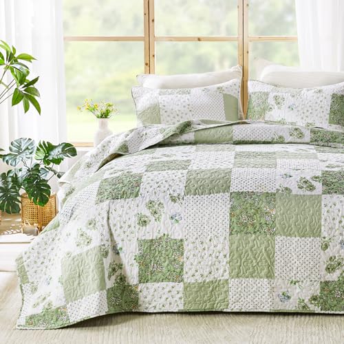 Qucover Patchwork Tagesdecke 220x240, Tagesdecken Blumen Garten Landhausstil, Patchworkdecke Gesteppte Tagesdecke mit 2 Kissenbezügen, Sofa Überwurfdecke Wohndecke für Bett