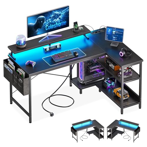 Coleshome Gaming Tisch L Form mit LED&Steckdosen, 120x80cm Eckschreibtisch mit Regal Reversibler Schreibtisch L Form Schwarz mit Monitorständer Ecktisch für Büro Arbeitszimmer