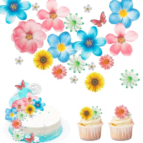 Gleevio Tortendeko Blumen Essbar,55 Stück Essbare Blumen für Torte,Essbare Blüten Cupcake Topper Schmetterlinge Esspapier Blüten Kuchen Deko Hochzeit,Gänseblümchen Deko Torte für Geburtstag BabyParty