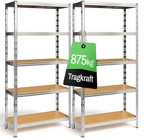 Ondis24 2er Set Metallregal Thomas, Lagerregal 90x40x180 (H) cm, Kellerregal bis 875kg belastbar, Silber, mit 5 Fachböden, je 175 kg belastbar, höhenverstellbar, Schwerlastregal (Easy-Mount)