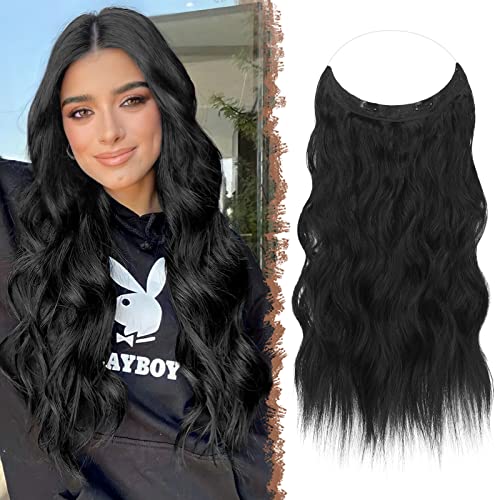 FESHFEN Secrets Haare Extensions Lange Gewellt Haarverlängerung Invisible Secret Haarextension Synthetik Hair Unsichtbarem Haarteile für Frauen 50 cm Schwarz