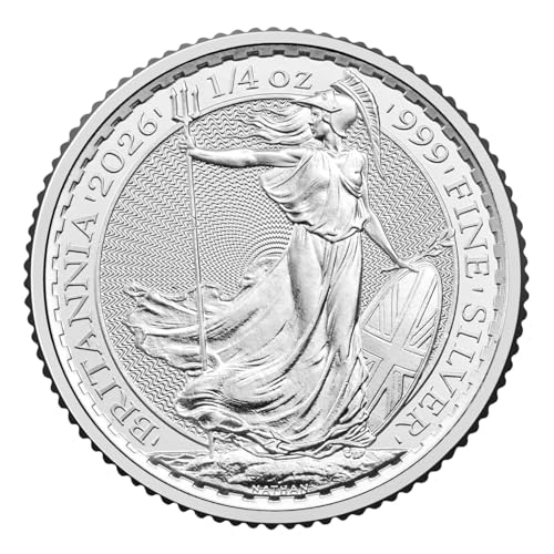 Silbermünze Britannia | Aktueller Jahrgang | Feinsilber 999 | In Münzkapsel & schwarzem Etui | Inkl. Grußkarte (1/4 oz)