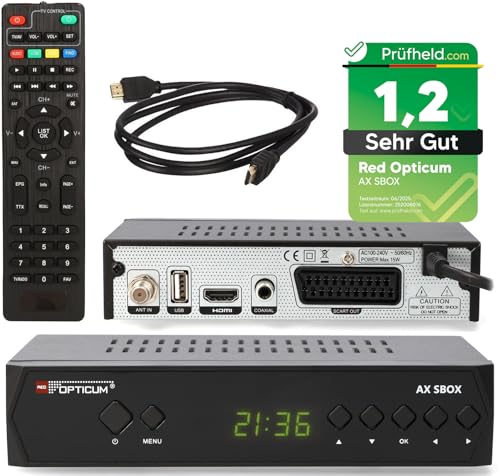 RED OPTICUM HD Sat Receiver für Satellitenschüssel mit Aufnahmefunktion, AAC-LC Audio, PVR, HDMI, SCART, USB, Coaxial - Timeshift & Einkabel tauglich - SBox Satelliten Receiver Set + HDMI Kabel