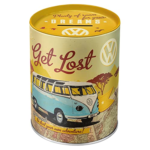 Nostalgic-Art Retro Spardose, 1 l, VW Bulli – Let's Get Lost – Volkswagen Bus Geschenk-Idee, Original Lizenzprodukt (OLP), Sparschwein aus Metall, Vintage Blech-Sparbüchse