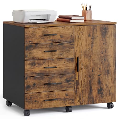 VASAGLE Rollcontainer, mobiler Aktenschrank, Schubladenschrank, Schrank mit Tür, Druckerständer mit 5 Schubladen, mit schraubenlosen Gleitschienen, für Büro, Homeoffice, vintagebraun OFC092KD02