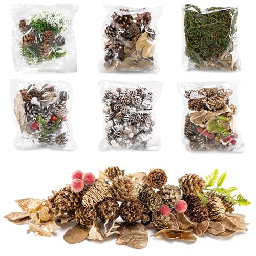 com-four® 6X Weihnachtsdekoration im Beutel mit Zapfen, Zweigen und Moos - Streudeko weihnachtlich - Bastel Set - Tischdeko - Adventskranz - Weihnachtsschmuck