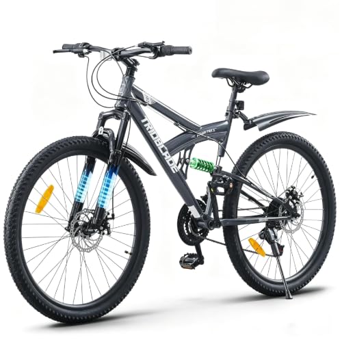 LSBIKE 24/26/27,5/29 Zoll Vollfederung Mountainbike, Fully MTB 21 Gang Schaltung,Outdoor Fahrrad mit Doppel Scheibenbremsen,Verstellbarem Ergonomischen Sitz,Für Alltag und Gelände (Grau, 26 Zoll)