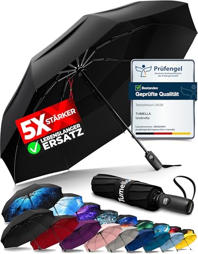 TUMELLA Stärkster sturmfester Reiseschirm (kompakt und hochwertig), kleiner, robuster, aber leichter, tragbarer und automatisch zusammenklappbarer Regenschirm, langlebiger Premium-Griff