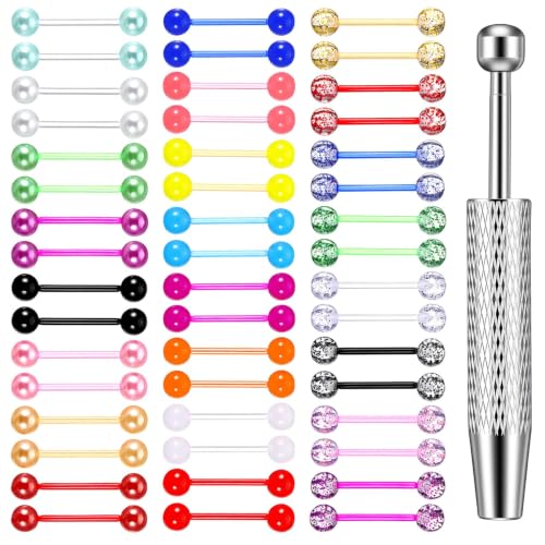 DIVINA VITAE 48 Stück Zungenpiercing Plastik 1.6mm,14G Tongue Piercing Glitzer Piercing Zunge Nipple Barbell Piercing Piercing Schmuck Leuchtend Neon Glitzer Im Dunkeln