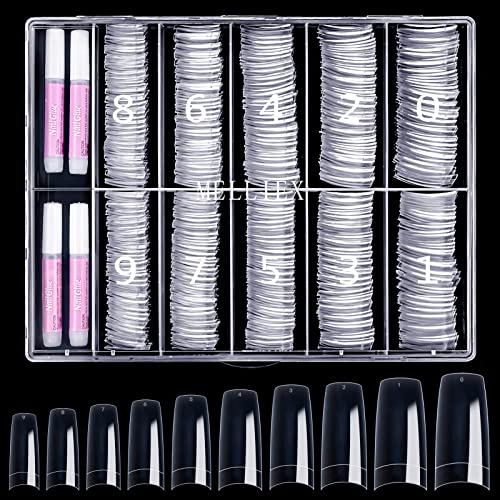 500 Stück French Künstlich Nageltips Set Falsche Acryl Nägel Tips Nagelverlängerung Nagelspitzen Fake Fingernägel Zubehör mit 4 Stück Kleber für Nageldesign Gelnägel, Transparent