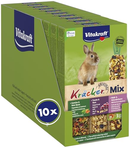 Vitakraft Kräcker Mix, Nagersnack, für Zwergkaninchen, mit Gemüse und Rote Beete, mit Traube und Nuss, mit Waldbeere und Holunderbeere, ohne Zusatz von Zucker und Getreide (10x 168g)