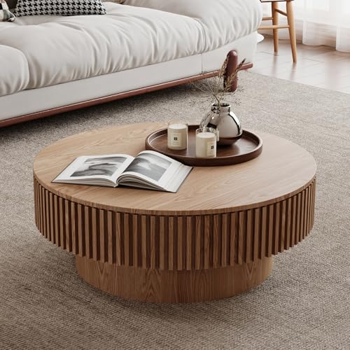 FammyLoft Couchtisch mit Stauraum, Modern Round CoffeeTable mit Fluted Design, Klein Kaffeetisch für Kid & Pet Friendly, Sofa Tisch, Center für Wohnzimmer/Balkon/Schlafzimmer, 75cm, Natür