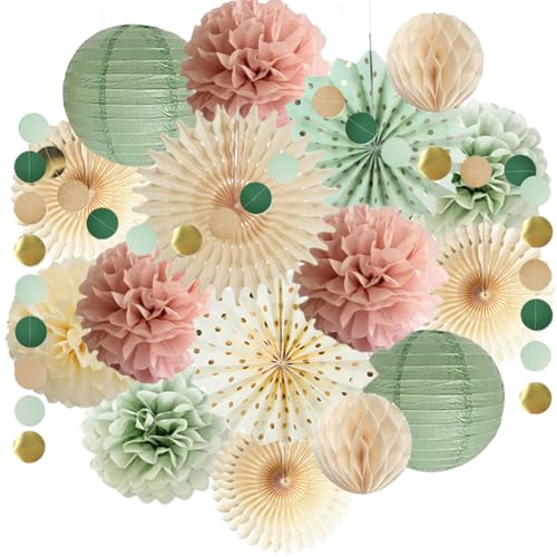 Party Deko Salbeigrün Rosa Geburtstagsdeko Beige Rosa Seidenpapier Pompoms Papierfächer Papierlaterne Salbeigrün Papier Girlande für Neutral Babyparty Brautparty Hochzeit Party Dekoration