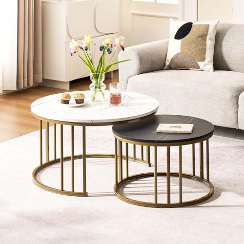 CLIPOP Rund Couchtisch 2er Set,Satztisch mit Marmoreffekt Holztische mit Metallrahmen Basis,70x70x45cm+50x50x38cm Stapelbarer Beistelltisch Set Nesting Tischen,Schwarz + Weiß