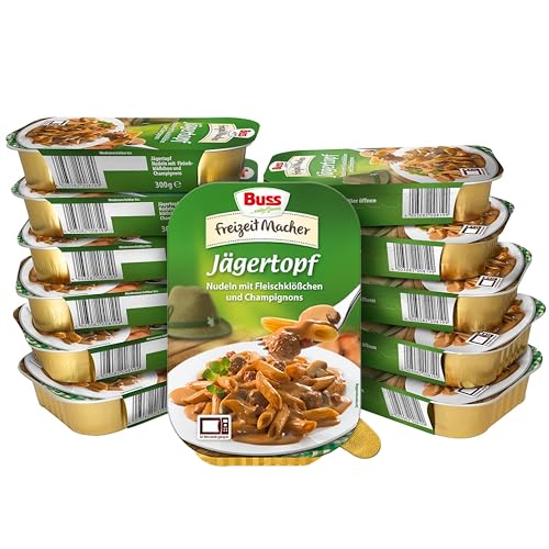 Buss Freizeitmacher Deftiger Jägertopf mit Nudeln, Fleischklößchen und Champignons - Fertiggerichte zum Aufwärmen in Mikrowelle & Topf - Schnell & Einfach Zubereitet - 12 x 300g