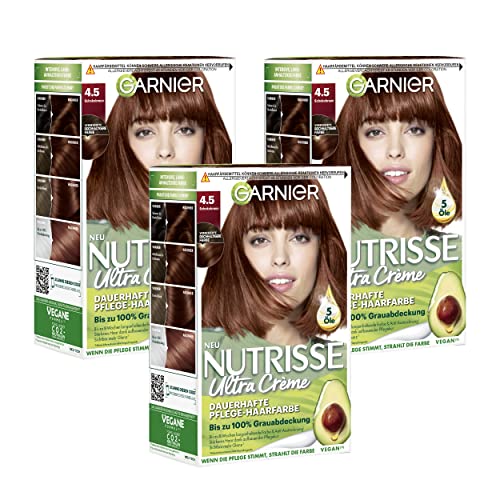Garnier Nutrisse Dauerhafte Pflege-Haarfarbe mit nährenden Fruchtölen, Coloration mit 8 Wochen Halt, Ultra Crème Tönung, 45 Schokobraun
