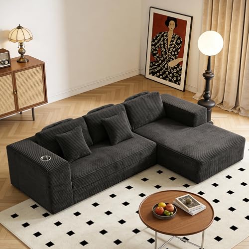 BonVache Ecksofa mit 3 Halskissen, Cloud Boneless Couch mit Seitenfach und Tassenhalter, Cord Schlafsofa L Form, Tiefer Sitzfläche, Sofa mit Rechte Chaiselongue, für Wohnzimmer, Schwarz
