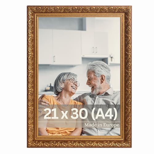 VictoR Vintage Bilderrahmen „Rubens“ in 21x30 cm (A4) Braun Gold - Leiste: 30x20mm - Echtglas - Fotorahmen Barock - Antik - Bilderrahmen 20x30 Vintage - Fotorahmen A4