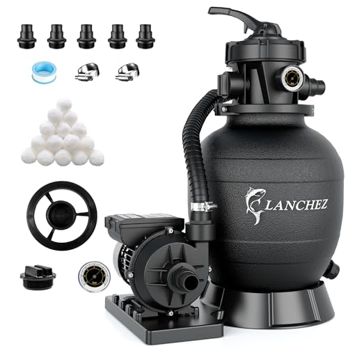 LANCHEZ Sandfilteranlage 11.500 L/h, 7-Wege-Ventil, 24h Zeitschaltuhr, 200g Filterbälle, Sandfilterkessel für Pool, Tankvolumen Maximal 10 kg Sand, 2in1 Adapter Ø32mm-38mm