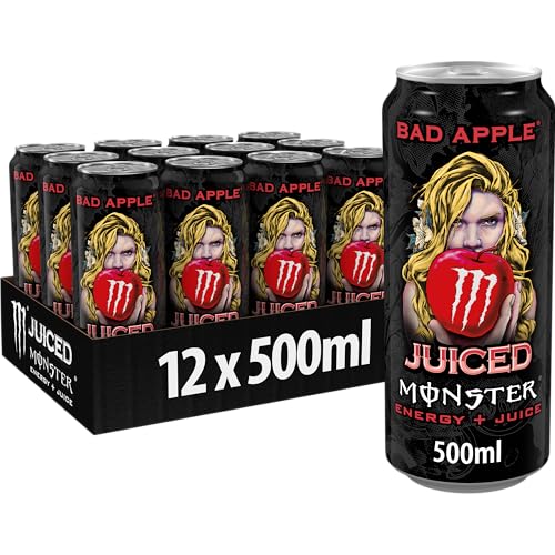 Monster Energy® Bad Apple - koffeinhaltiger Energy-Drink mit paradiesisch, leicht süßlichem Apfel-Geschmack - full Flavour, full Sugar, Juice - in praktischen Einweg Dosen (12 x 500 ml)