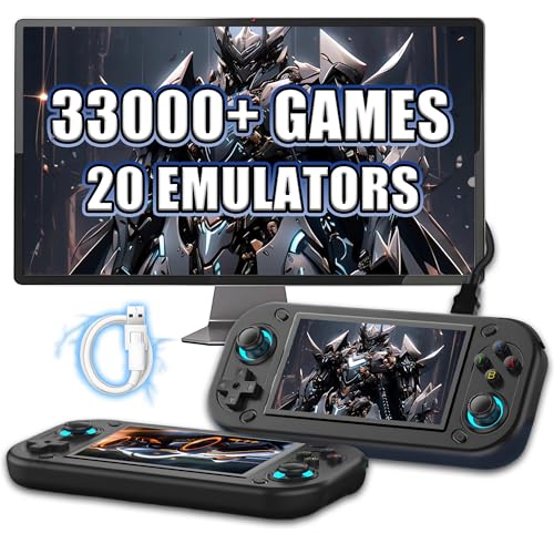 R43S Retro Handheld Spielkonsole 33000+ Spiele 20 Emulator Retro Konsole,4,3-Zoll-IPS-OCA-Bildschirm Spielekonsole für Unterwegs,Kompatibel mit TV/Controller,2000mAh, (Schwarz-128G)