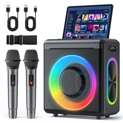 Karaoke Maschine mit 2 mikrofonen, wiederaufladbaren Mikrofonen: Tragbarer Bluetooth-Lautsprecher für Erwachsene und Kinder – PA-System mit Lichteffekten, unterstützt TWS/TF-Karte/USB/AUX
