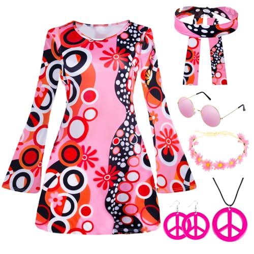 Kitimi Hippie Kostüm Damen, 60er 70er Disco Kostüm Damen, Faschingskostüme Flower Power Kleidung mit Hippie Accessoires