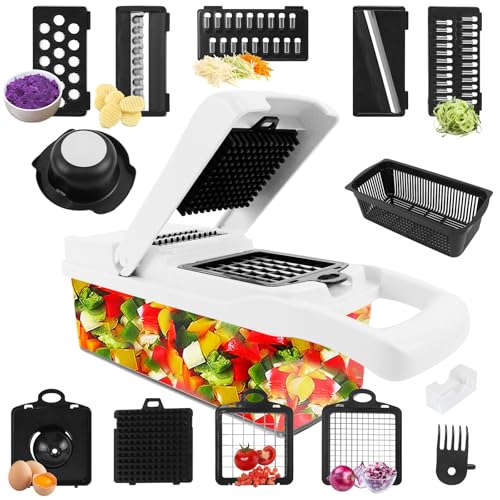 Filltown 15-in-1 Gemüseschneider Mehrzweck-Gemüseschneider, 7 Austauschbare Edelstahl-Lebensmittelhacker-Schneider-Würfel für Müheloses Hacken, Schneiden und Würfeln (mit Deckel und Siebkorb)