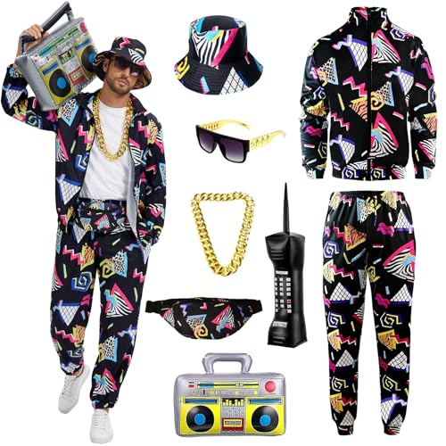 90er 80er Jahre Outfit Herren, 80er Trainingsanzug Jacke Hose Anzug mit Goldkette Sonnenbrille, Karneval Kostüm Hip Hop Sportbekleidung (Schwarz, 3XL)