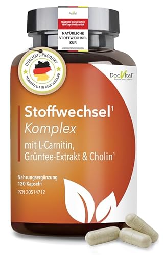 DocVital Stoffwechsel Komplex – 120 vegane Stoffwechsel beschleunigen abnehmen Kapseln mit Glucomannan, Grüntee Extrakt (200 mg EGCG), L-Carnitin & Guarana – Stoffwechsel Booster