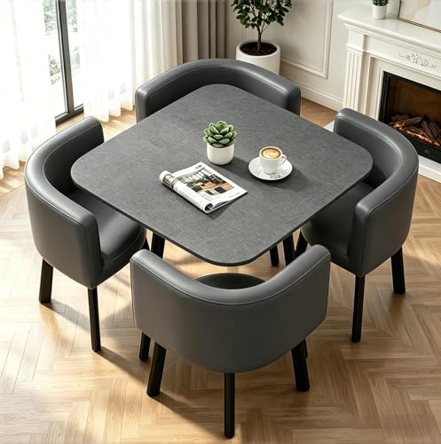 AMZSEW Essgruppe 5-Teilig, Küchenstühle Runder Esstisch und 4 Kunstleder Esszimmerstühle, Küchentisch esszimmertisch 80 cm, für 4-6 Personen, für Esszimmer, Küche, Wohnzimmer, Modern(80cm Gray)