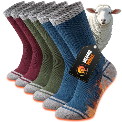 Stoeury Merino Wandersocken Herren Damen, Dicke Thermosocken Wintersocken, Warme Merinowolle Outdoor Socken, Anti Blase Gepolsterte Trekkingsocken, Atmungsaktiv Sportsocken 3 Paar, Mehrfarbig 43-46
