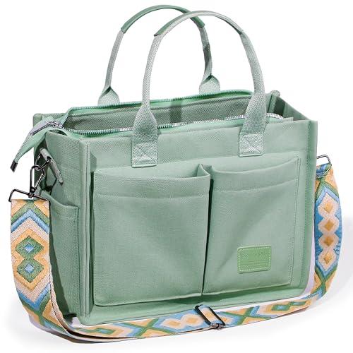 Captain Blues Canvas Tasche Damen, große Tote Bag, Arbeitstasche Damen, Handtasche Umhängetasche Schultertasche mit Fächern für Uni, Schule, Shopper (New Upgrade Plus Grün)
