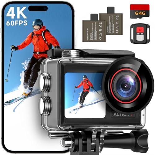 syndesmos Action Cam 4K 60FPS, 40M Unterwasserkamera, 30MP HD Unterwasserkamera Schnorcheln 2 LCD Bildschirm, Wasserdicht EIS Touchscreen Actioncam mit 64GB Karte, 2.4G Fernbedienung, Zubehör Kit