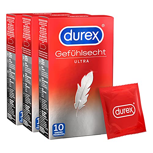 Durex Gefühlsecht Ultra Kondome – 20% dünnere Spitze, mit Silikongleitgel befeuchtet, transparent, angenehmer Geruch – 10 Stück (3er Pack)