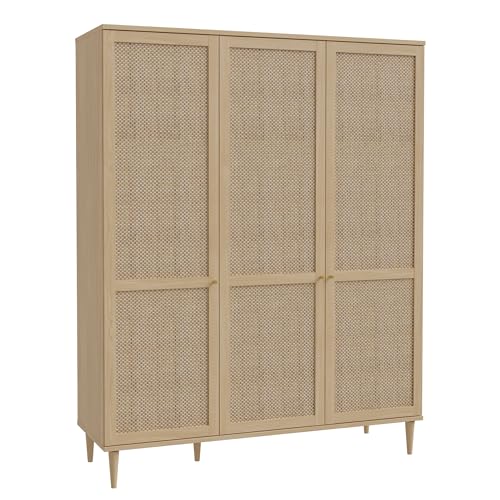 Forte CALASETTA Schrank 165, Kleiderschrank im Boho Stil mit 3 Türen, Kleiderstange, Einlegeböden, Holzwerkstoff, Elegancia Eiche Holzdekor/Technorattan, 165 cm breit x 208 cm hoch x 52 cm tief