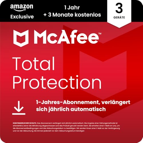 McAfee Total Protection 2025 (3 Gerät) | 15 Monate | Virenschutz, VPN, Betrugsschutz, Sicherheitssoftware, Identitätsüberwachung | Abonnement mit automatischer Verlängerung | Download