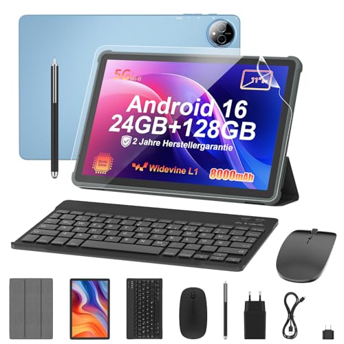 Tablet 11 Zoll mit Tastatur: Android 16 8000mAh Octa-Core 24GB+128GB 2TB TF Tablet PC - WiFi 6 BT 5.2 1280*800 FHD+IPS 13MP+5MP Kamera mit Maus, Usb C, Adapter, Hülle, OTG-Adapter, Stift, Schutzfolie
