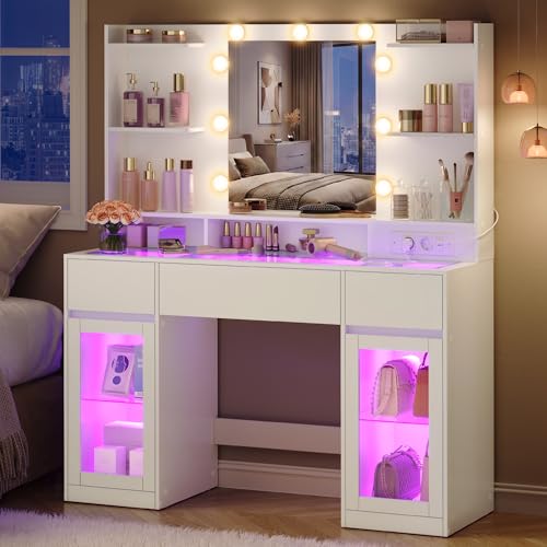VASAGLE Schminktisch mit Spiegel, RGB-Beleuchtung, Steckdose, 2 Schränke