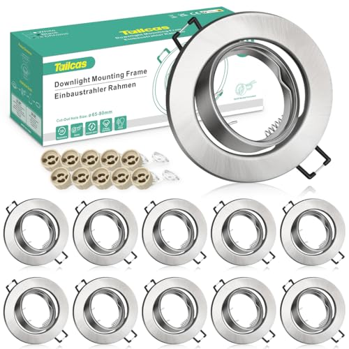 Tailcas 10er Einbaustrahler GU10 Set Rahmen 230V inkl. GU10 Fassung, LED Einbauspots 68mm Lochdurchmesser in Edelstahl Gebürstet, 30° Schwenkbar Rund Einbaurahmen für LED oder Halogen Leuchtmittel